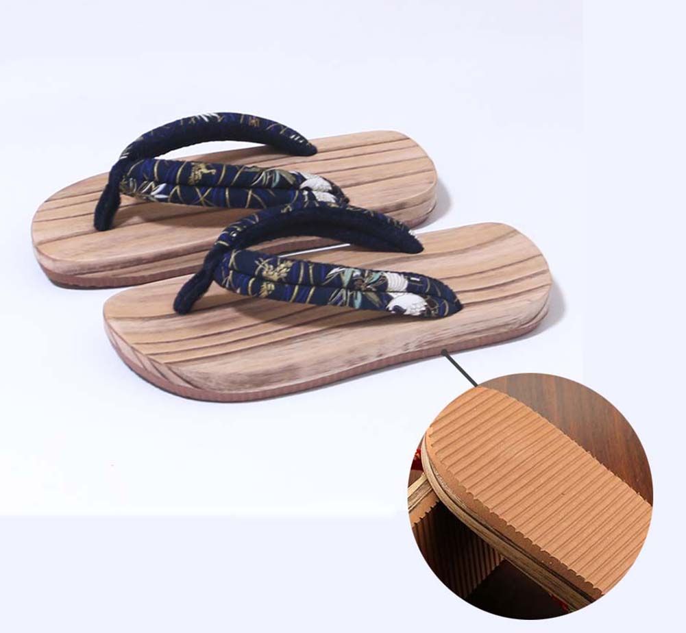 Japanese Wooden Clogs for Mens Sandals Japan Traditional Wide Sole Flat Shoes Blue Crane Pattern Non-slip Geta