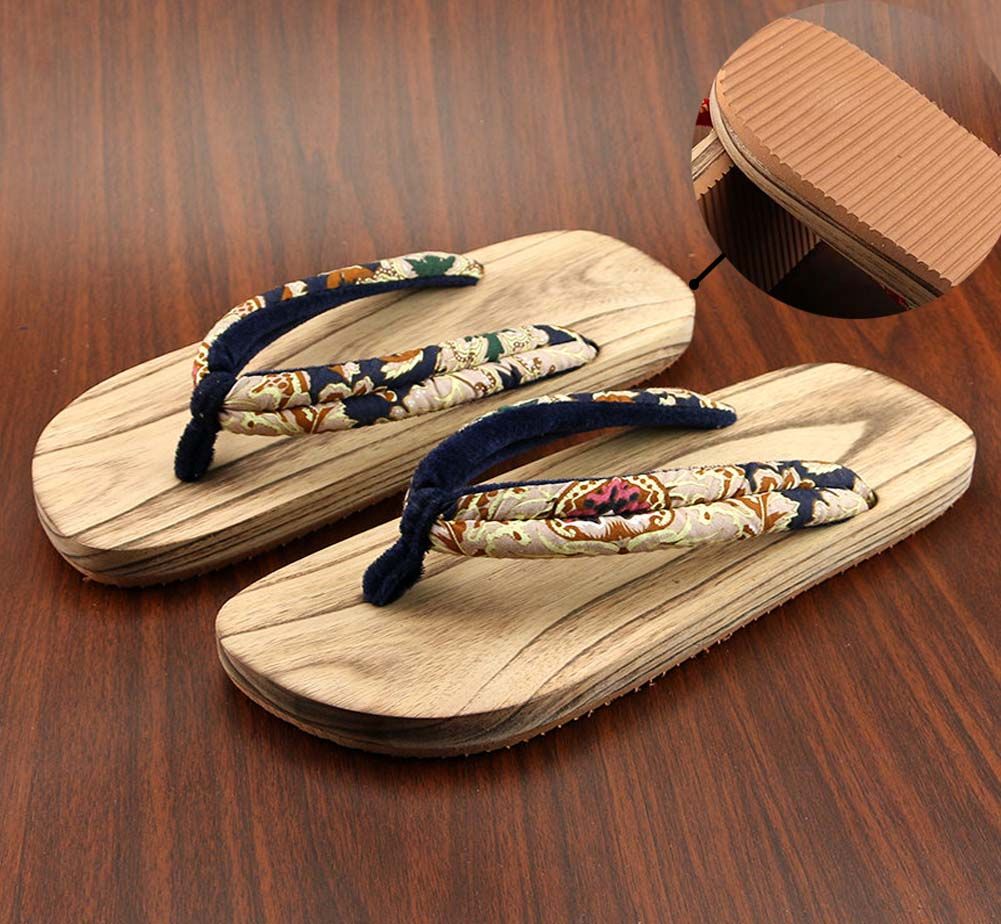 Mens Japanese Wooden Clogs Sandals Japan Traditional Wide Sole Flat Shoes Black and Yellow Pattern Geta