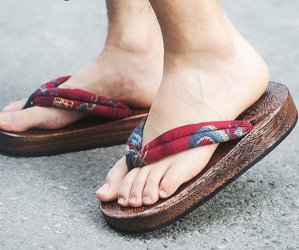 Japanese Wooden Clogs for Mens Sandals Japan Traditional Flat Shoes Red Gragon Pattern Non-slip Geta