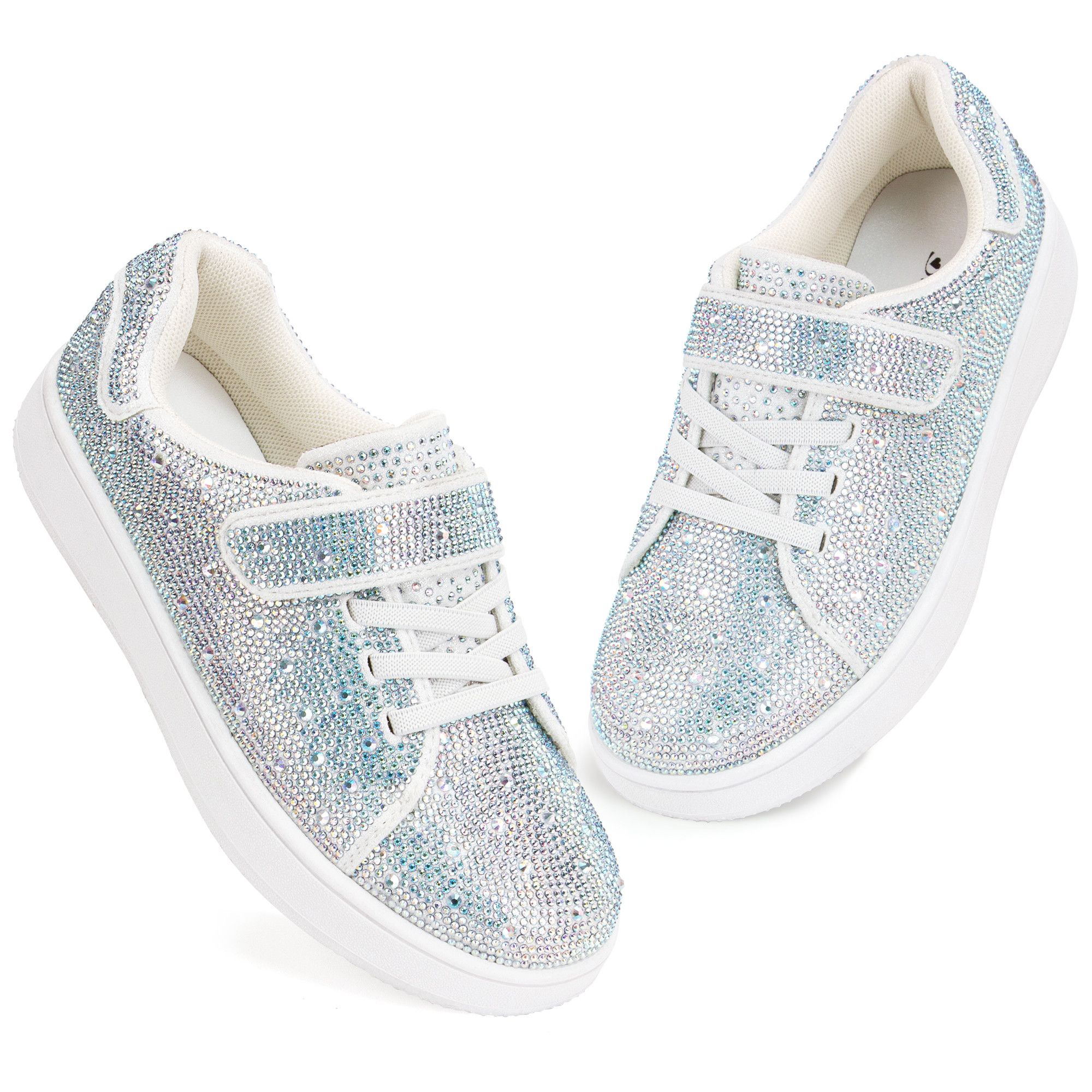 Girls Glitter Sneakers Sparkle Fashion Tennis Shoes Low Top Sparkly School Casual Shoes Rhinestone Shiny Walking Shoes with Velcro